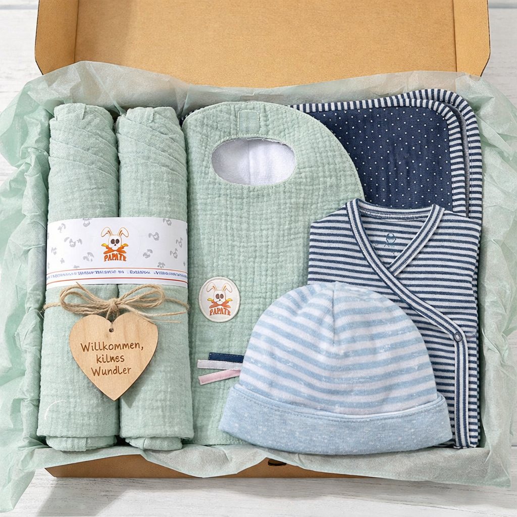 Baby Geschenkset „Sanfte Streifen & Mint“ – Bio Erstausstattung zur Geburt