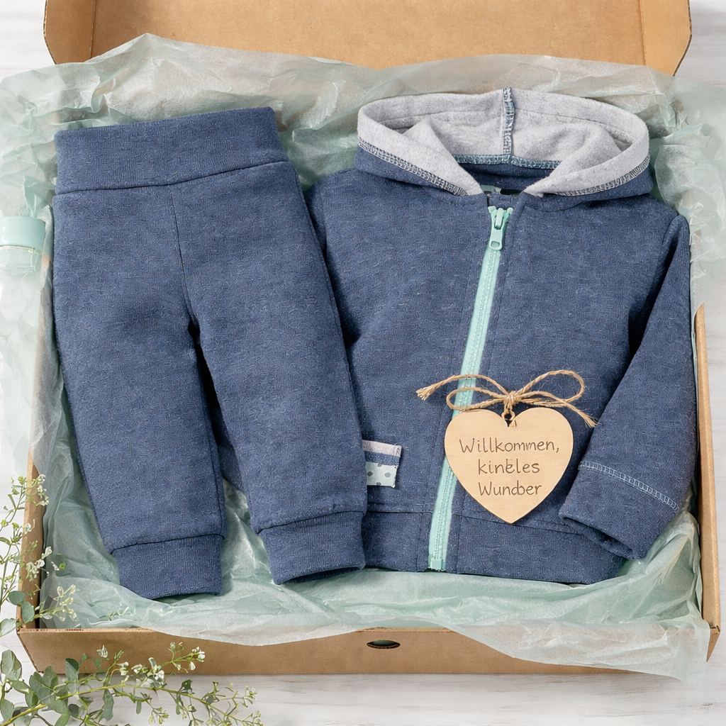 Baby Geschenkset „Indigo Cozy“ – Bio Wohlfühl-Set mit Kapuzenjacke & Hose