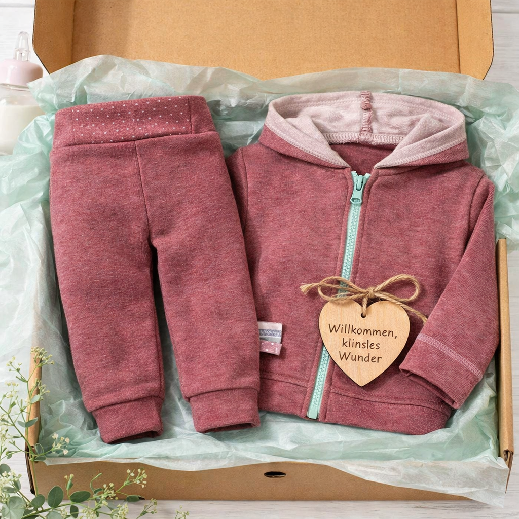Baby Geschenkset „Bordeaux Cozy“ – Bio Wohlfühl-Set mit Kapuzenjacke & Hose